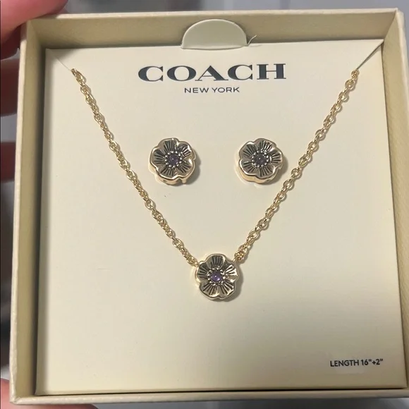 Coach Tea Rose Purple Stone Gold Tone Floral Pendant Necklace and Earrings Set - Picture 2 of 3